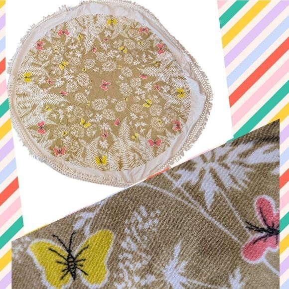70s Vintage butterfly print round terry cloth tablecloth boho - Picture 1 of 5